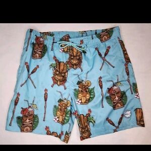 Psycho Tuna Mens Large Swim Trunks Boardshorts Blue Tiki All Over Print